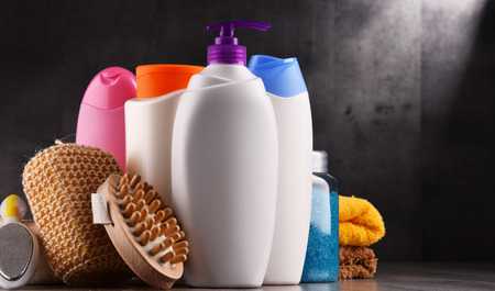 Plastic bottles of body care and beauty products.の写真素材
