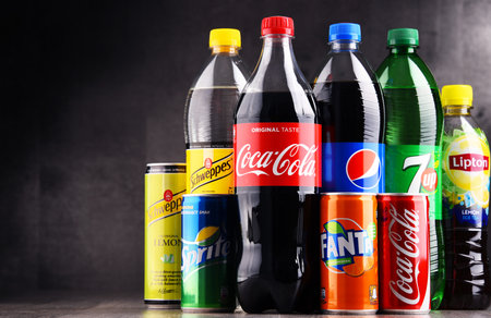 POZNAN, POLAND - AUG 18, 2017: Global soft drink market is dominated by brands of few multinational companies founded in North America. Among them are Pepsico, Coca Cola and Dr. Pepper Snapple Groupのeditorial素材