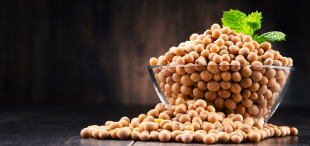 Composition with bowl of soya beans on wooden table.の写真素材