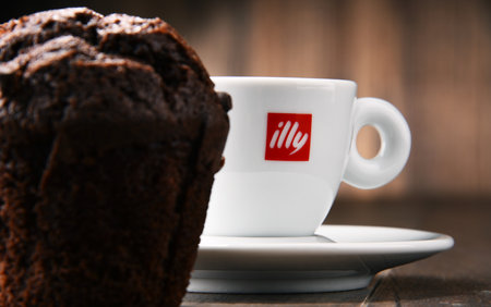 POZNAN, POLAND - SEP 20, 2017: Illy is an Italian coffee roasting company that specializes in the production of espresso. Founded by Francesco Illy in 1933.のeditorial素材
