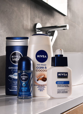 POZNAN, POLAND - NOV 10, 2017: Nivea products, German personal care brand that specializes in skin- and body-care products. It is owned by Beiersdorf Global AG headquartered in Hamburg.のeditorial素材