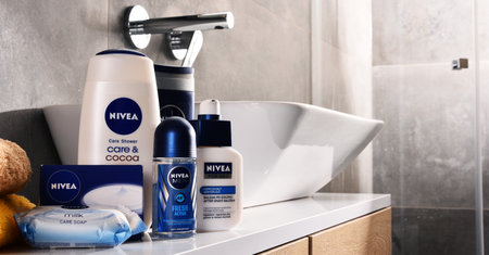 POZNAN, POLAND - NOV 10, 2017: Nivea products, German personal care brand that specializes in skin- and body-care products. It is owned by Beiersdorf Global AG headquartered in Hamburg.のeditorial素材