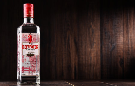 POZNAN, POLAND - NOV 8, 2017: Beefeater Gin is a brand of gin owned by Pernod Ricard and bottled and distributed in the UK, by the company of James Burrough.のeditorial素材