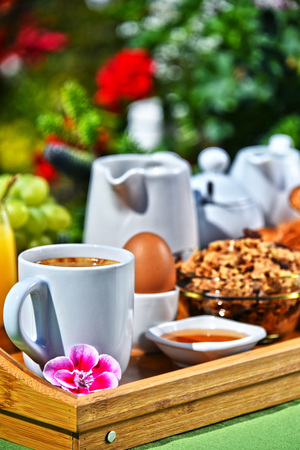 Breakfast served with coffee, orange juice, croissants, cereals and fruits in the gardenの写真素材