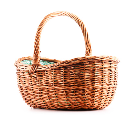 Empty wicker basket isolated on white backgroundの写真素材