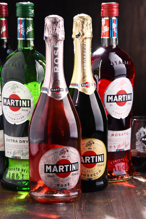 POZNAN, POLAND - DEC 7, 2017: Products of Martini, famous Italian vermouth is the world's fourth most powerful alcoholic brand produced in Turin by Martini and Rossi since 1863のeditorial素材