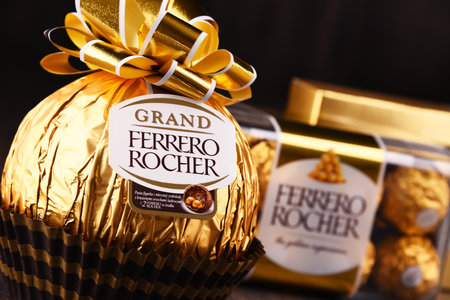 POZNAN, POLAND - DEC 7, 2017: Ferrero Rocher premium chocolate sweets produced by the Italian...