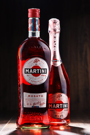 POZNAN, POLAND - DEC 7, 2017: Products of Martini, famous Italian vermouth is the world's fourth most powerful alcoholic brand produced in Turin by Martini and Rossi since 1863のeditorial素材