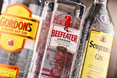 POZNAN, POLAND - DEC 15, 2017: Bottles of popular global gin brands: Gordons, Beefeater and Seagramのeditorial素材