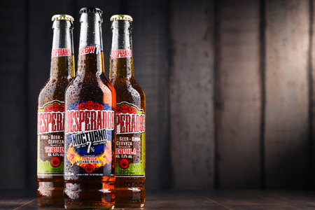 POZNAN, POLAND - FEB 14, 2018: Desperados, a pale lager flavored with tequila is a popular beer produced by Heineken and sold in over 50 countries.のeditorial素材
