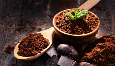 Composition with bowl of cocoa powder on wooden table.の写真素材