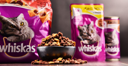 POZNAN, POLAND - FEB 21, 2018: Whiskas products,  global brand of cat food produced by the American company Mars, Inc., available as meat-like pieces in cans, pouches, or dry biscuitsのeditorial素材