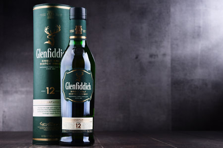 POZNAN, POL - MAY 3, 2018: Bottle of Glenfiddich, the world's best-selling single-malt whisky, owned...