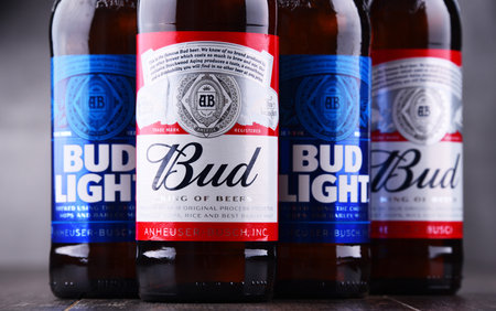 POZNAN, POL - MAY 3, 2018: Bottles of Bud and Bud Light, popular American beers, produced by Anheuser-Busch.のeditorial素材