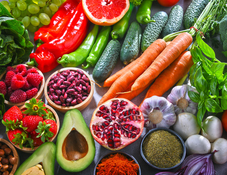 Composition with fresh vegetarian grocery products.の写真素材