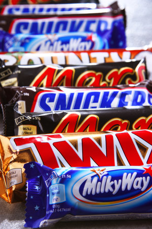 POZNAN, POL - JUN 19, 2018: Assorted confectionery products of Mars company, including Snickers,...