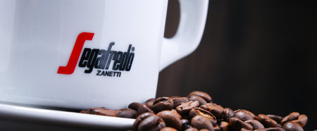 POZNAN, POL - AUG 3, 2018: Cup of Segafredo Zanetti, a coffee brand owned by Massimo Zanetti...