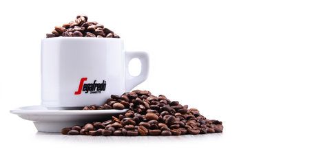 POZNAN, POL - AUG 3, 2018: Cup of Segafredo Zanetti, a coffee brand owned by Massimo Zanetti Beverage Group the biggest private company in the coffee industry headquartered in Bologna, Italyのeditorial素材