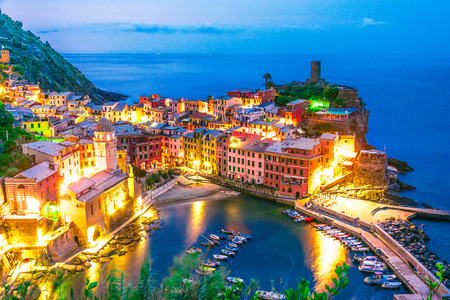 Picturesque town of Vernazza, in the province of La Spezia, Liguria, Italy after sunsetの写真素材