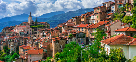 View of Apricale in the Province of Imperia, Liguria, Italy.のeditorial素材