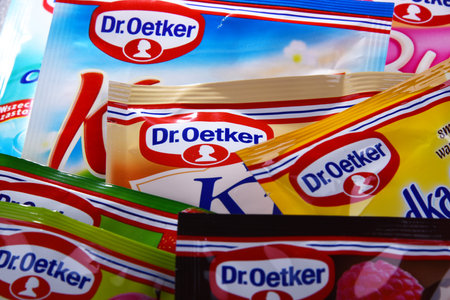 POZNAN, POL - SEP 28, 2018: Packages of Dr. Oetker products, a German multinational company owned by the Oetker Group, headquartered in Bielefeld, North Rhine-Westphalia.のeditorial素材