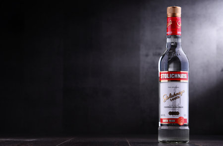 POZNAN, POLAND - NOV 15, 2018: Bottle of Stolichnaya, popular brand of Russian vodka made of wheat and rye grainのeditorial素材