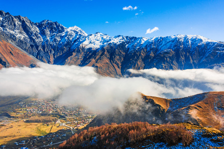 Mountains over Stepantsminda formerly Kazbegi in the Khevi province, Georgia. Greater Caucasus.