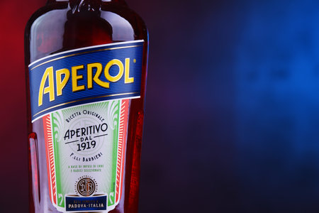 POZNAN, POL - NOV 29, 2018: Bottle of Aperol, an Italian aperitif made of gentian, rhubarb, and cinchona, It is produced by the Campari company.のeditorial素材