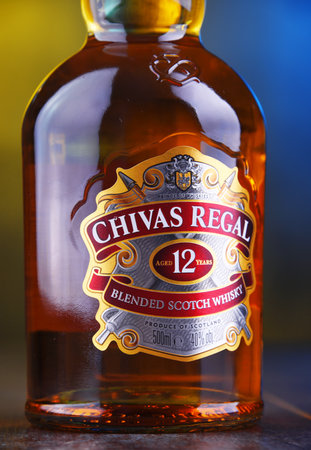 POZNAN, POL - NOV 29, 2018: Bottle of Chivas Regal 12, a blended Scotch whisky made from whiskies matured for at least 12 years, produced by Chivas Brothers in Keith, Scotlandのeditorial素材