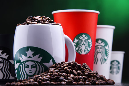 POZNAN, POL - DEC 30, 2018: Cups of Starbucks, the name of coffee company and coffeehouse chain, founded in Seattle, Wa. USA, in 1971; now the largest business of this kind in the world.のeditorial素材