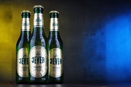 POZNAN, POL - DEC 12, 2018: Bottles Jever, a popular brand of beer produced by Friesisches Brauhaus in Jever, Friesland in Lower Saxony, Germanyのeditorial素材