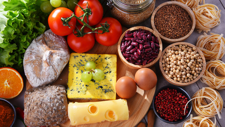 Composition with assorted organic food products on the table.の写真素材