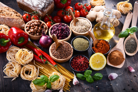 Composition with assorted organic food products on the table.の写真素材