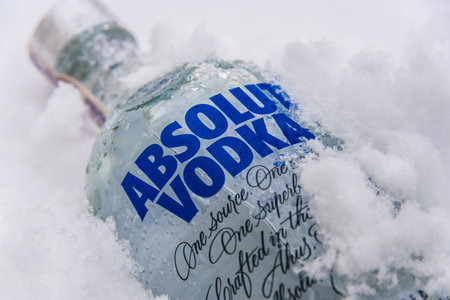 POZNAN, POL - JAN 24, 2019: Bottle of Absolut Vodka, a brand of vodka produced in Sweden. Owned by French group Pernod Ricard it is one of the largest brand of alcoholic spirits in the worldのeditorial素材