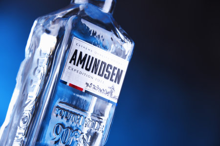 POZNAN, POL - JAN 24, 2019: Bottle of Amundsen Vodka, a brand of vodka produced by Arcus ASA, Norway's largest wholesaler of wine and liquor.のeditorial素材