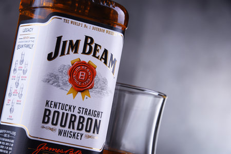 POZNAN, POL - JAN 24, 2019: Bottle of Jim Beam, one of best selling brands of bourbon in the world, produced by Beam Inc. in Clermont, Kentuckyのeditorial素材
