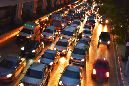BANGKOK, THAILAND - JAN 29, 2018: Street of Bangkok during rush hour.