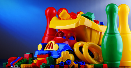 Composition with colorful plastic children toys.の写真素材