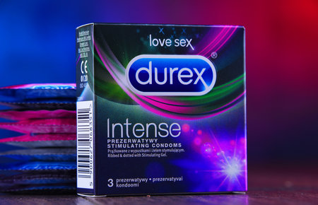 POZNAN, POL - MAR 15. 2019: Products of Durex, a brand of condoms originally developed and produced...