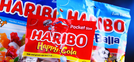 POZNAN, POL - MAR 22, 2019: Packages of gummy candies produced by Haribo, a German confectionery company, founded in 1920 by Johannes "Hans" Riegel, Sr.のeditorial素材