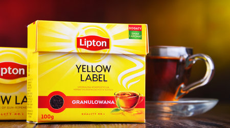 POZNAN, POL - MAR 28, 2019: Package of Lipton Yellow Label, a famous brand of tea produced by Lipton since 1890, now sold in over 150 countries worldwide by Anglo-Dutch multinational company Unileverのeditorial素材