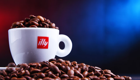 POZNAN, POL - MAR 29, 2019: Cup of Illy coffee, a brand of Italian coffee roasting company that specializes in the production of espresso. Founded by Francesco Illy in 1933.のeditorial素材