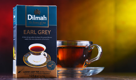 POZNAN, POL - MAR 28, 2019: Package of Dilmah, a famous Sri Lankan brand of tea founded in 1988 by Merrill J Fernandoのeditorial素材