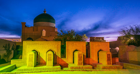 KHIVA, UZBEKISTAN - MAY 4, 2019: Historic architecture of Itchan Kala, walled inner town of the city of Khiva, Uzbekistan. UNESCO World Heritage Site.のeditorial素材