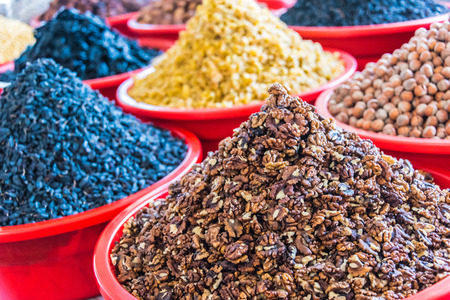 Dried food products sold at the Chorsu Bazaar in Tashkent, Uzbekistanの写真素材
