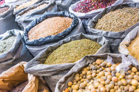 Dried food stuff sold in Dubai Souk, United Arab Emirates
