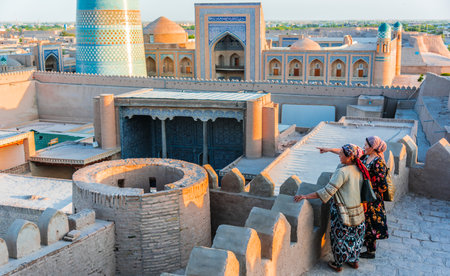 KHIVA, UZBEKISTAN - MAY 3, 2019: Historic architecture of Itchan Kala, walled inner town of the city of Khiva, Uzbekistan. UNESCO World Heritage Site.のeditorial素材