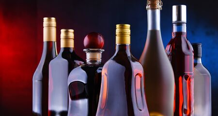 Composition with bottles of assorted alcoholic beverages.の写真素材