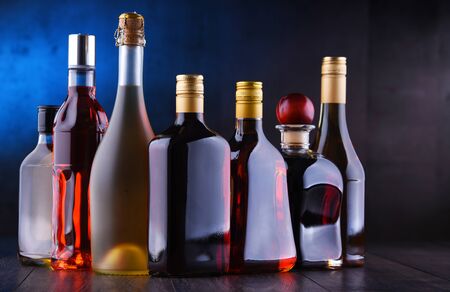 Composition with bottles of assorted alcoholic beverages.の写真素材