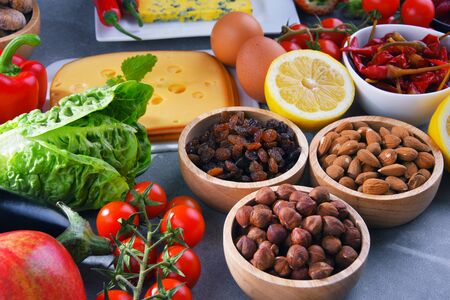Composition with assorted organic food products on wooden kitchen tableの写真素材